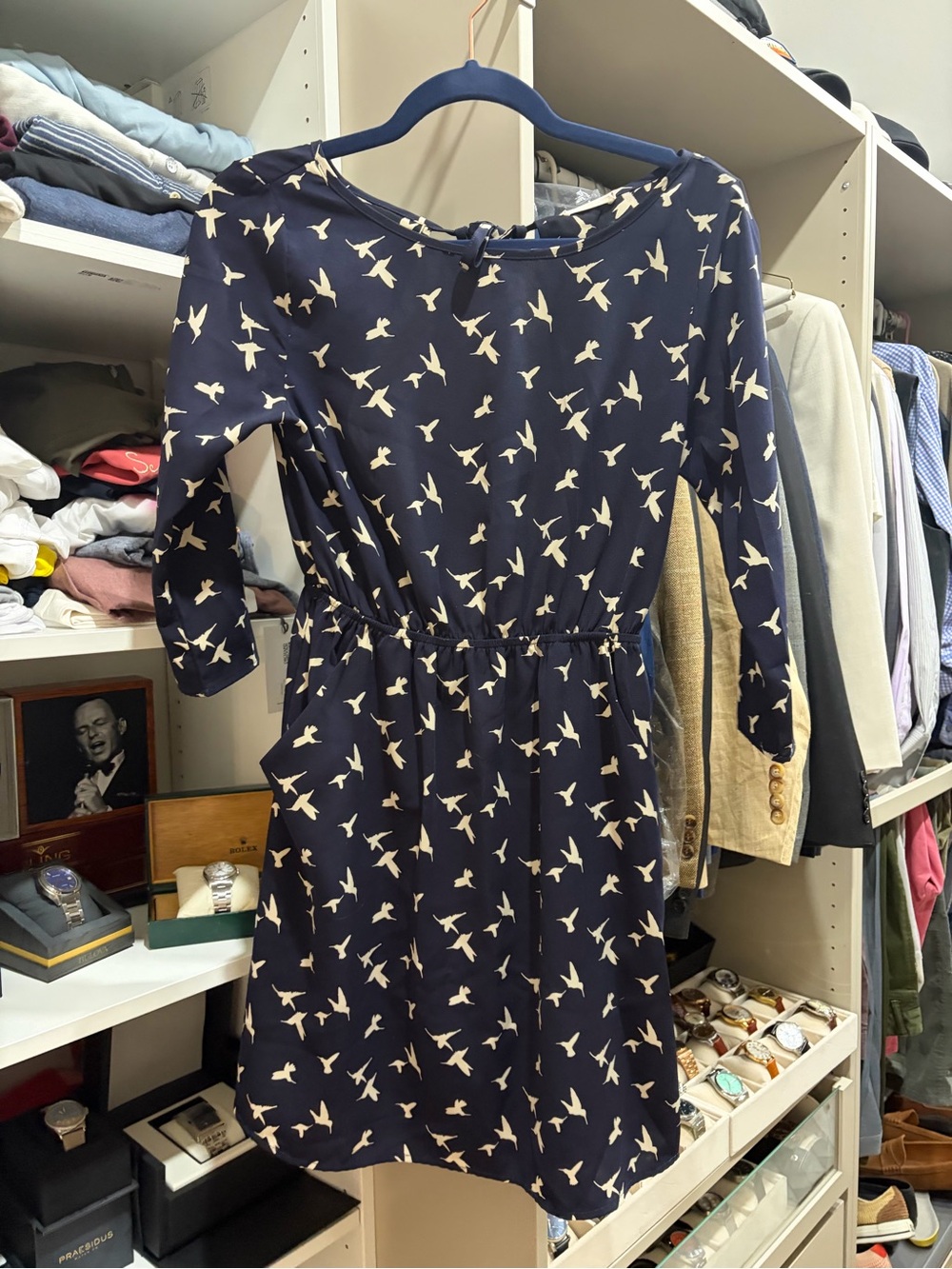 Women's Navy Blue Bird-Print Long Sleeve Dress